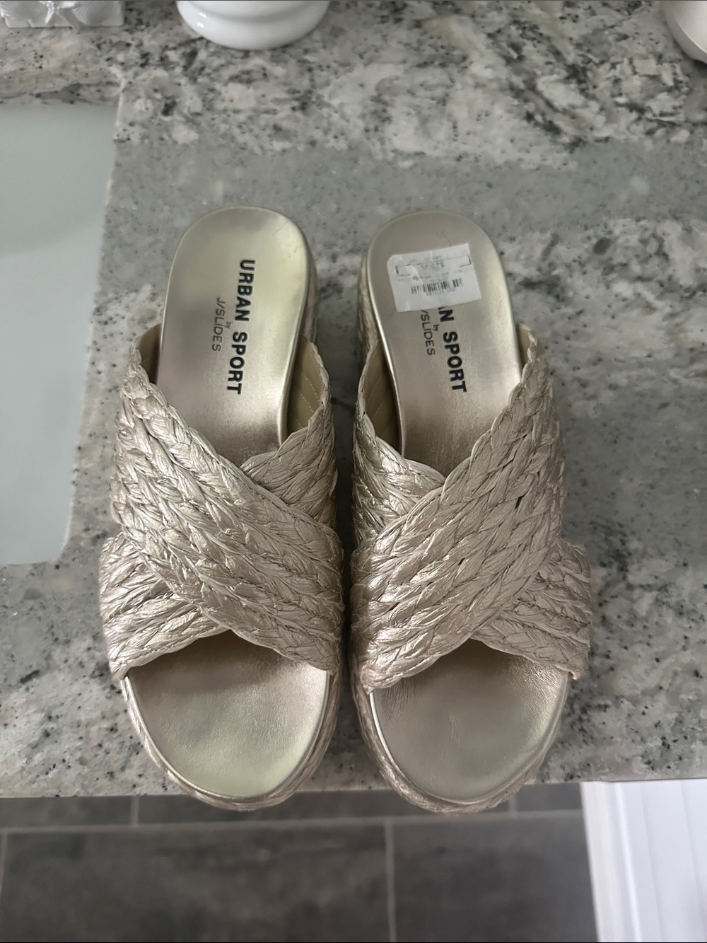 NEW J/SLIDES Metallic Braided Slide Sandals in Champagne Gold